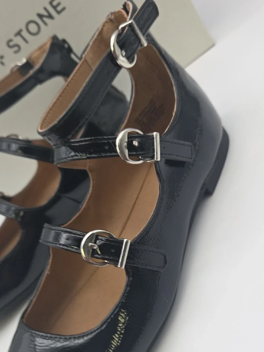Sun + Stone Black Patent Triple-Strap Ankle Flats